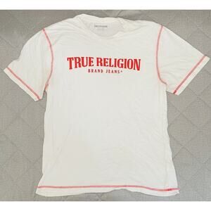 True Religion Shirt Mens XL White Red Crew Neck Graphic Spell Out Tee *